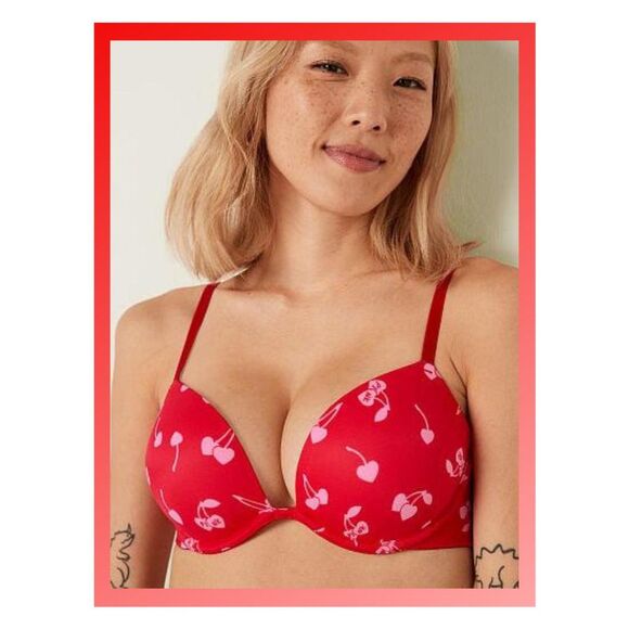 Victoria's Secret PINK 40C Red Pepper Cherry Wear Everywhere Super Push Up Bra - Picture 1 of 4